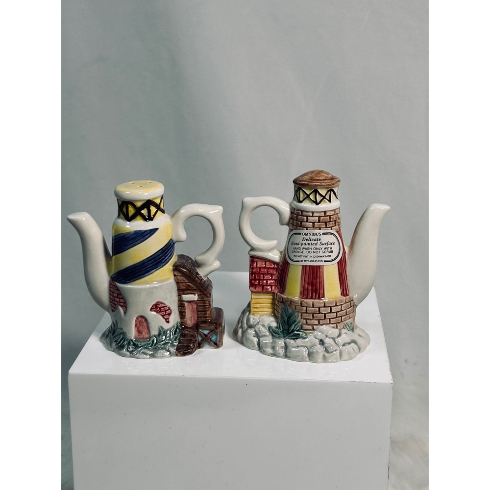Fitz and Floyd Omnibus Lighthouse Teapot Salt and Pepper Shaker Set Vintage 1989